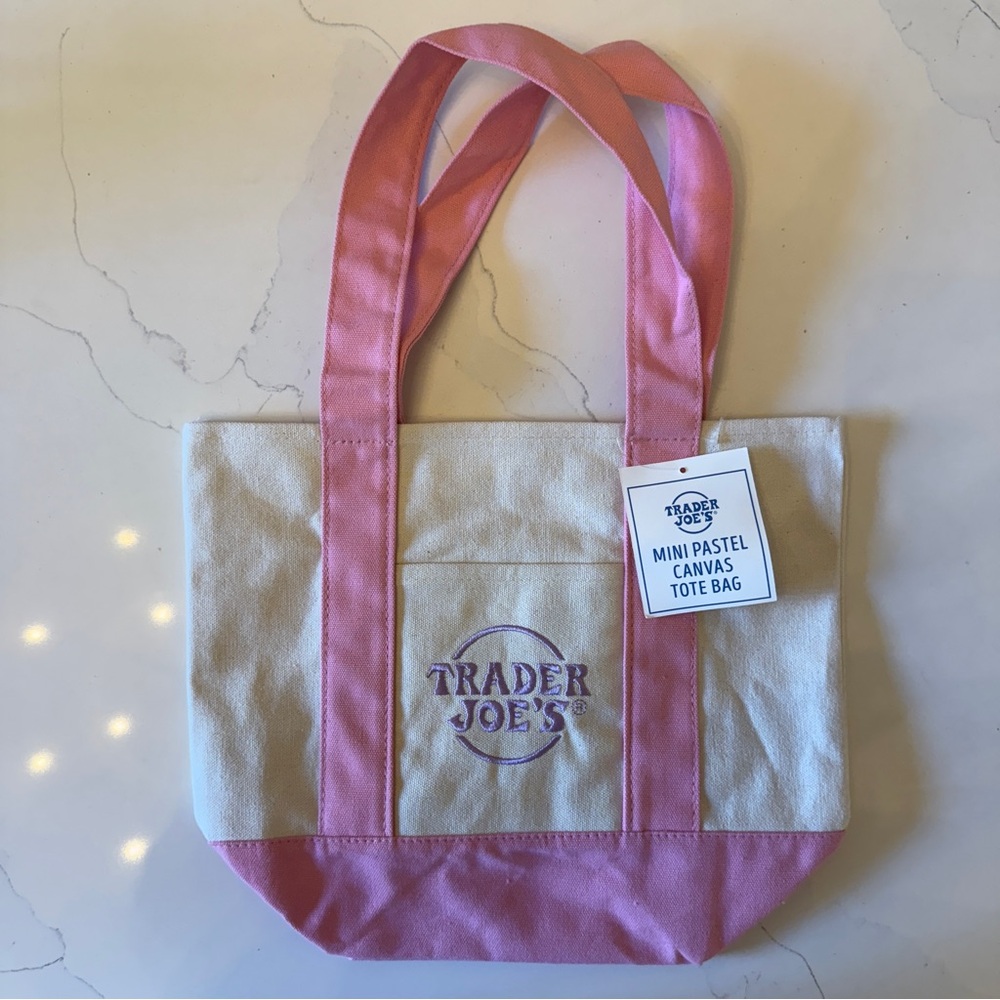 NWT Trader Joe’s Mini Pastel Pink and Cream Canvas Tote Bag
